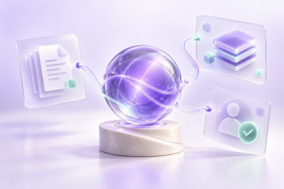 Concept illustration of AI connecting documents, knowledge and human review