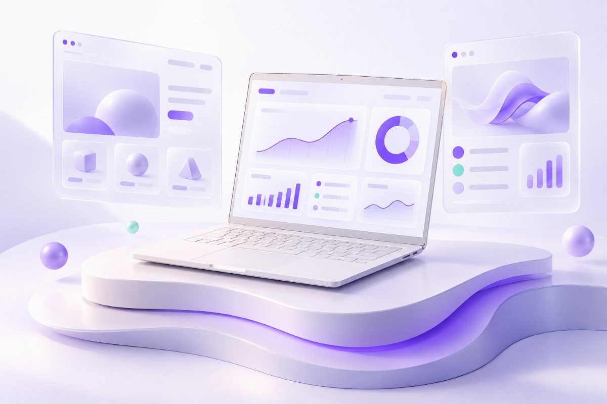 Concept illustration of websites and a SaaS dashboard on a laptop