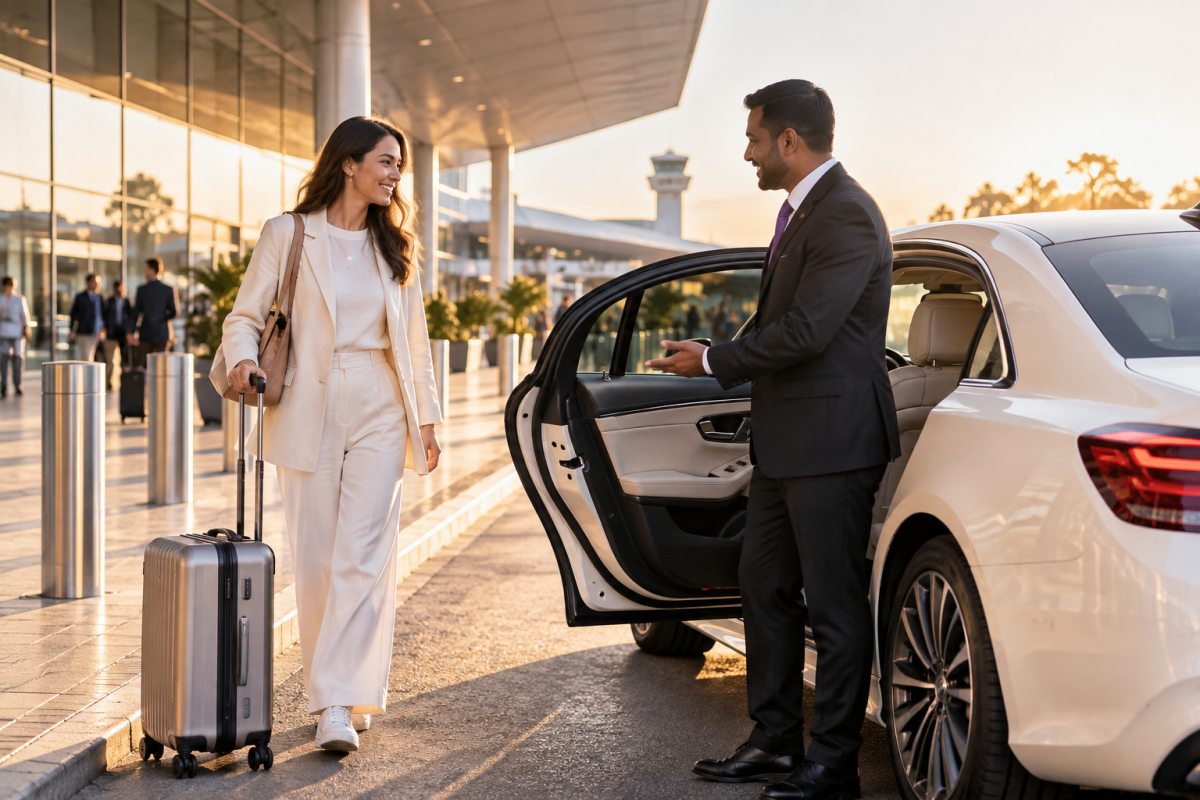 Traveler with luggage meeting a taxi driver at an airport