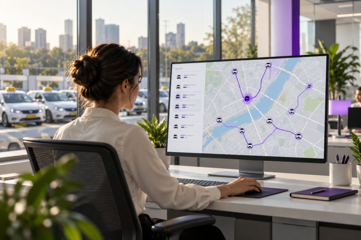 Fleet dispatcher reviewing vehicle locations in an operations office