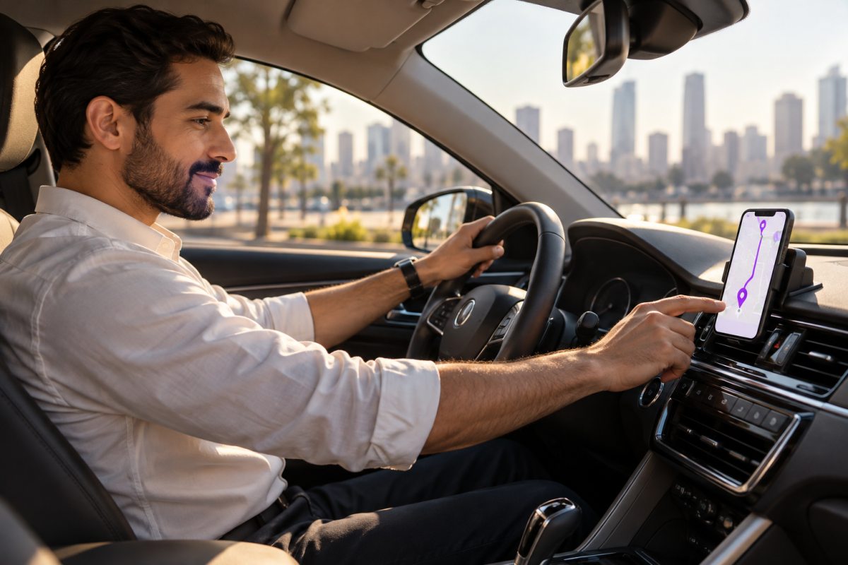 Parked taxi driver viewing a route on a mounted smartphone