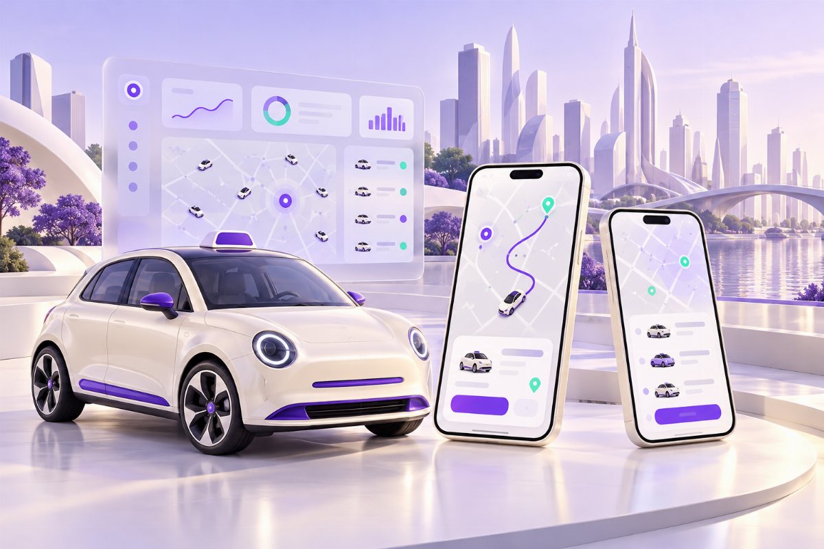 Original concept illustration of a taxi and connected apps